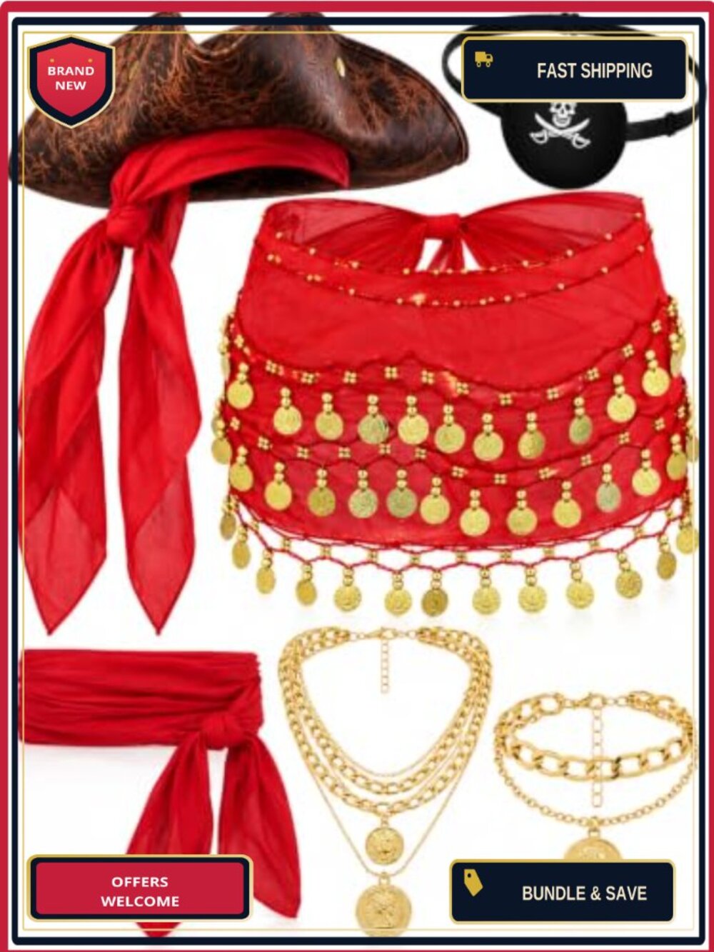 7 Pc Pirate Costume Accessory Set Polyester Hat Eye Patch Sash Belt Cosplay